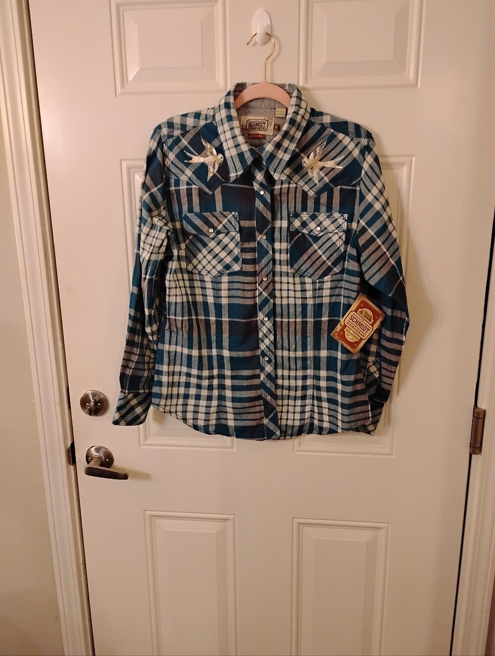 Women's Plaid Western Shirt with Embroidered Swallows Pearl Button Up Snaps